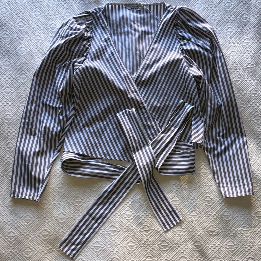 & Other Stories Cropped & Wrap Blouse, Grey & White Stripes